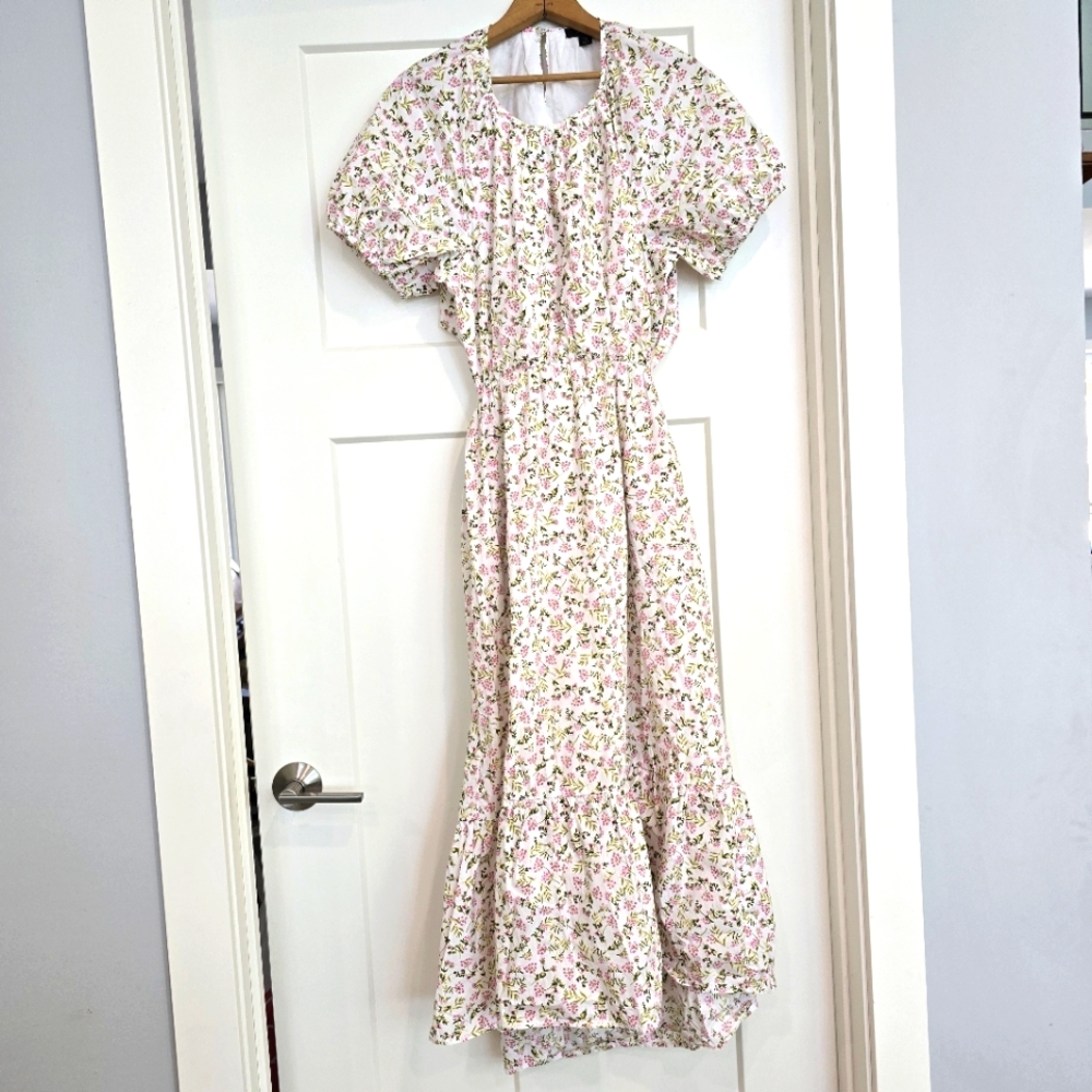 J. Crew Polin Pink Floral Open Back Maxi Dress 12 Cotton White boho cottage